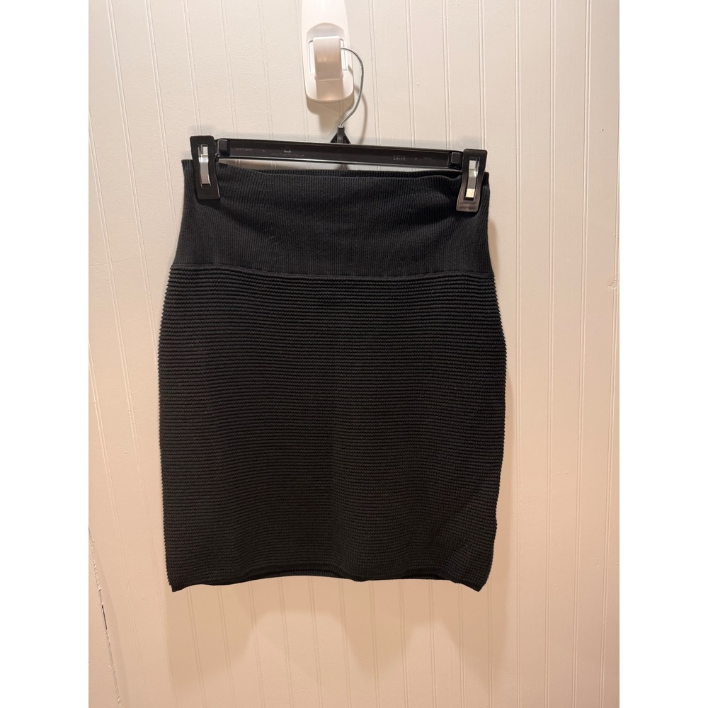 Eileen Fisher Black Ribbed Knit Mini Skirt XS Stretchy Bodycon Pull On Minimalis